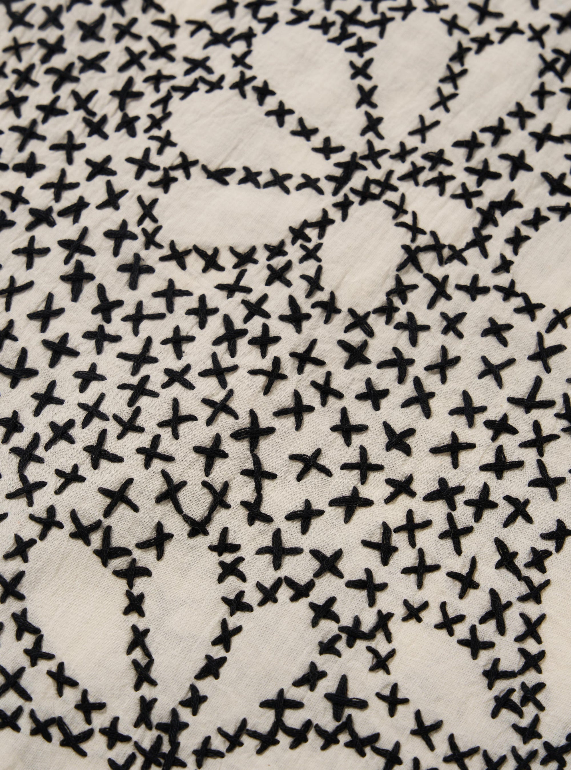 A close-up fabric swatch of the Ecru/Black Kantha Flower Road Shirt highlights the intricate Kantha embroidery on a hand-woven khadi base. The image shows black floral and geometric patterns stitched onto the ecru-colored cotton fabric, emphasizing the artisanal texture and depth of the material.