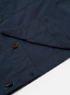 The Navy Recycled Polytech Z Tech Overshirt is shown in a detail view as a flat lay against a plain white background. The image focuses on the smooth texture of the dark navy recycled polytech fabric and the construction of the technical zip-up chest pocket.
