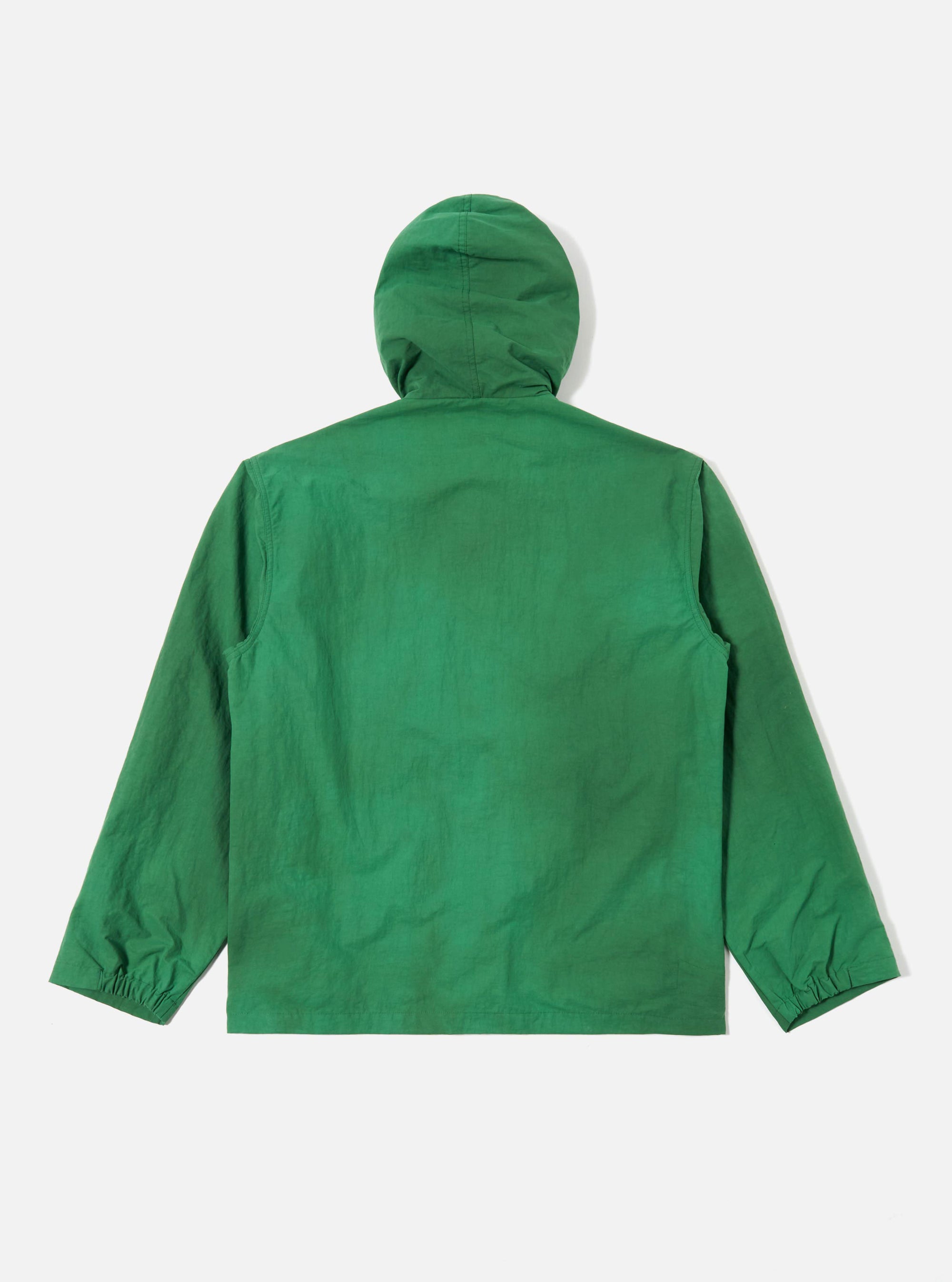 The Green Recycled Splash Nylon Longsands Jacket is shown from the back as a flat lay against a plain white background. The image highlights the jacket's attached hood, straight hem, and the smooth, technical texture of the green recycled nylon fabric.