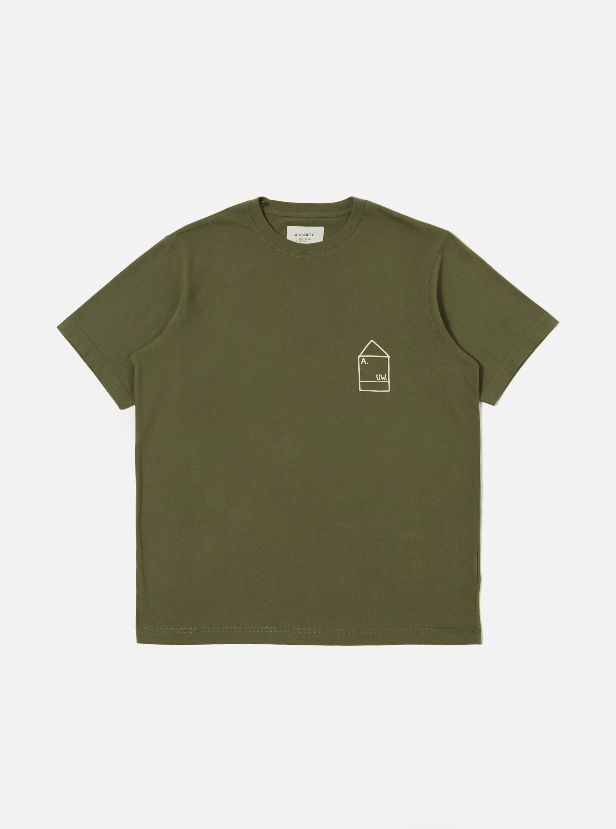 The A. SOCIETY x Universal Works Olive Single Jersey Print Tee laid flat on a white background. The tee is olive green with a small white graphic on the chest.