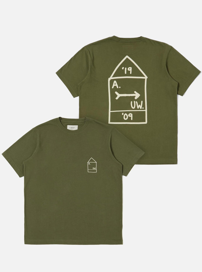 A. SOCIETY x Universal Works Olive Single Jersey Print Tee. Olive tee with white graphic on front and back. Studio shot on white.