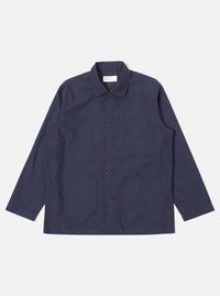 The Navy Peached Poplin Bakers Overshirt is shown as a flat lay against a white background. The overshirt features a classic collar, a central button-down closure, and four front patch pockets: one asymmetric chest pocket and three lower pockets, including a small partially concealed coin pocket. The navy cotton fabric has a soft, matte finish.