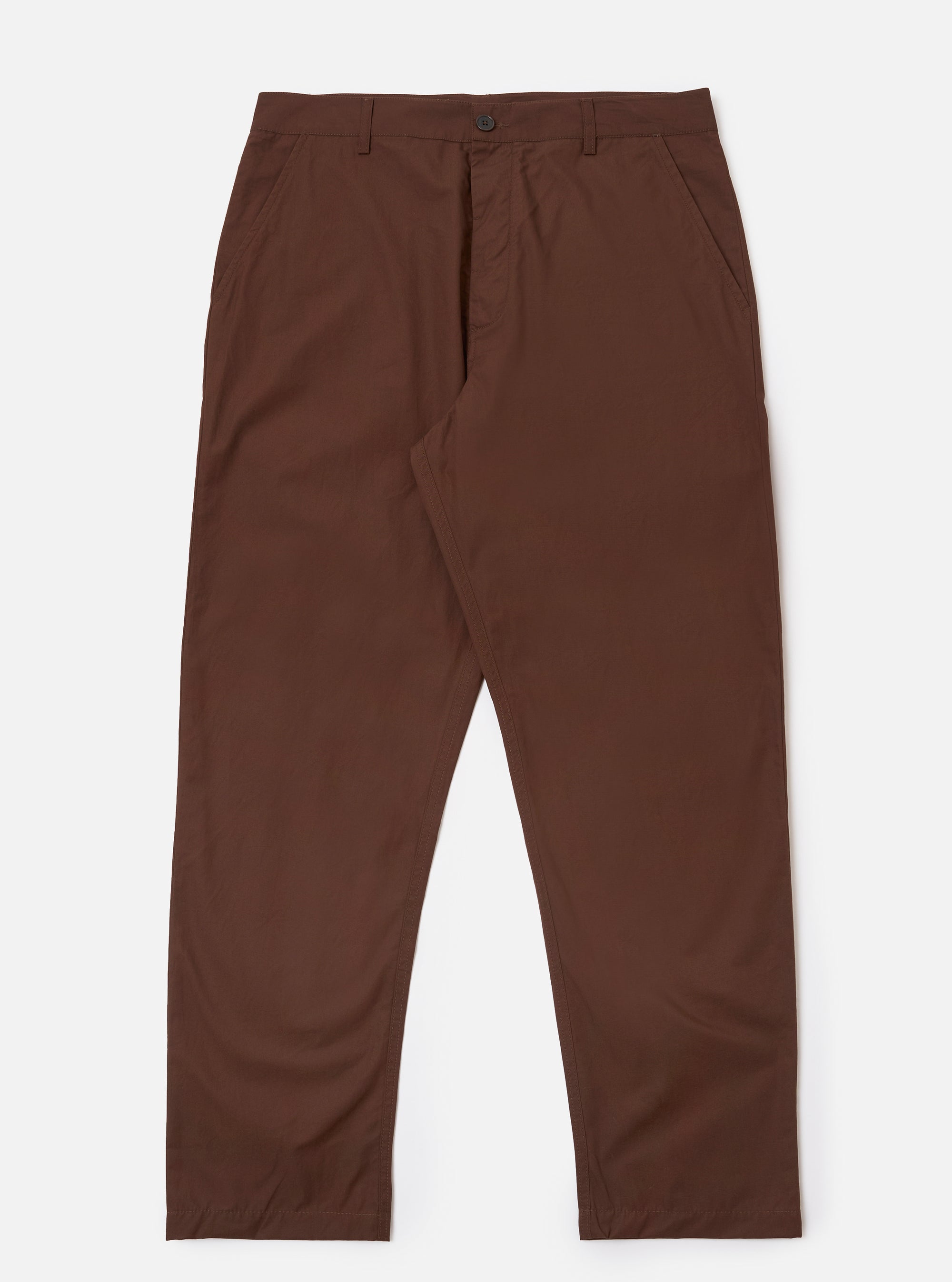 The Brown Peached Poplin Military Chino is shown as a flat lay against a plain white background. The trousers feature a straight-leg silhouette, a button fly, and traditional chino styling with two front slant pockets. The brown cotton fabric has a soft, peached finish.