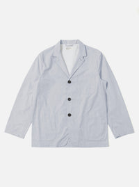 The Navy Kennedy Stripe Three Button Jacket is shown as a flat lay against a plain white background. The jacket features a three-button front closure, a notched lapel, and three front patch pockets, including one chest pocket and two larger pockets at the waist. The navy blue cotton fabric has a distinct vertical white stripe pattern.