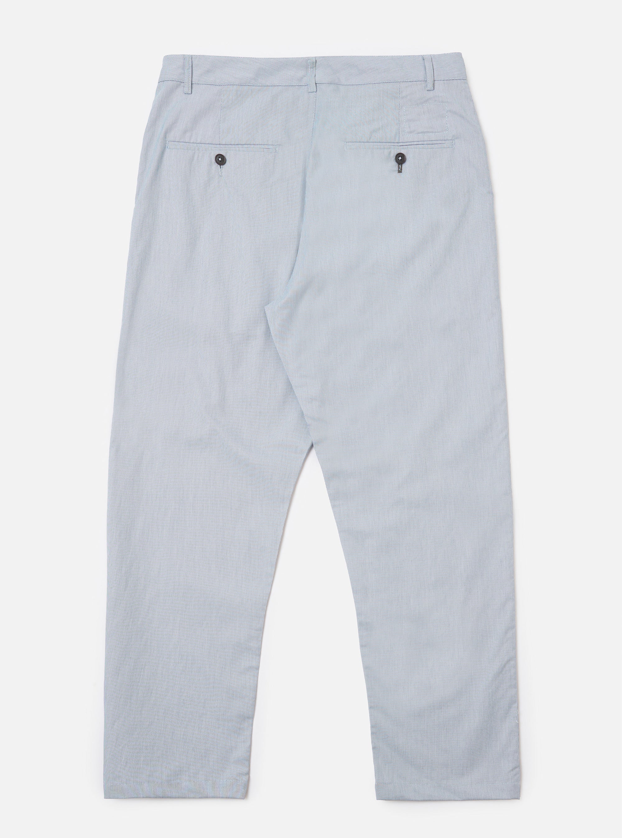 The Navy Kennedy Stripe Military Chino is shown from a rear angle as a flat lay against a plain white background. The image highlights the two rear patch pockets, the straight-leg fit, and the fine vertical pinstripe pattern of the fabric.
