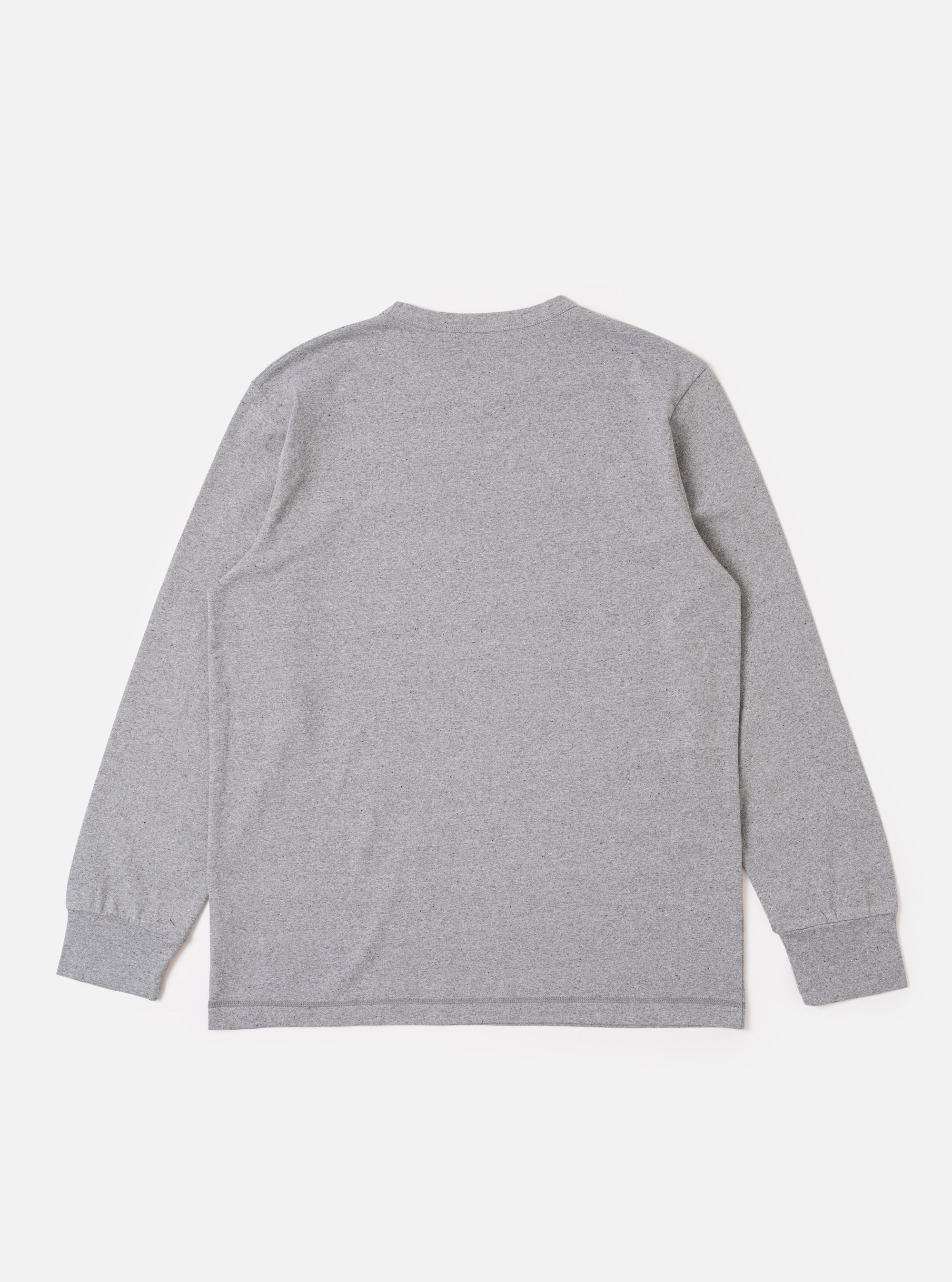 The Grey Marl Recycled/Bio Jersey Henry L/S Tee is shown from the back as a flat lay against a plain white background. The image highlights the clean construction of the long-sleeved t-shirt, featuring a straight hem and a simple crew neck. The fabric is a soft, grey marl jersey with a subtle heathered texture.
