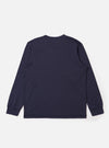 The Navy Recycled/Bio Jersey Henry L/S Tee is shown from the back as a flat lay against a plain white background. The image highlights the clean, simple construction of the garment's rear, including the crew neckline, long sleeves, and straight hem. The jersey fabric is a solid dark navy blue.