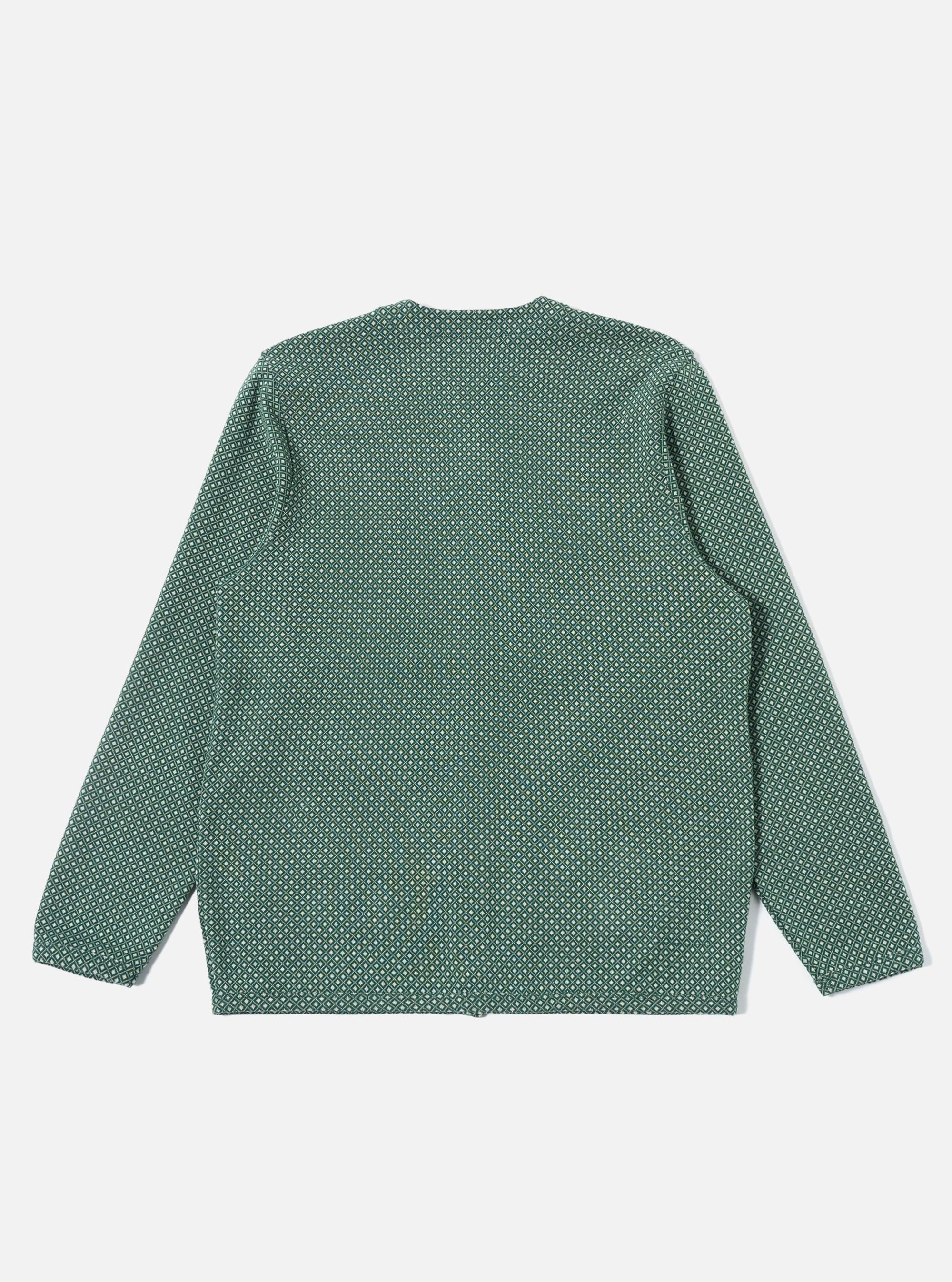 The Green Argyll Jersey Cardigan is shown from the back as a flat lay against a plain white background. The image highlights the all-over green argyll diamond pattern and the simple, straight-cut construction of the garment's rear panel.
