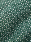 A close-up fabric swatch of the Green Argyll Jersey Cardigan highlights the intricate argyle pattern featuring diamond shapes in shades of green and olive. The image focuses on the soft, knitted texture of the jersey fabric.