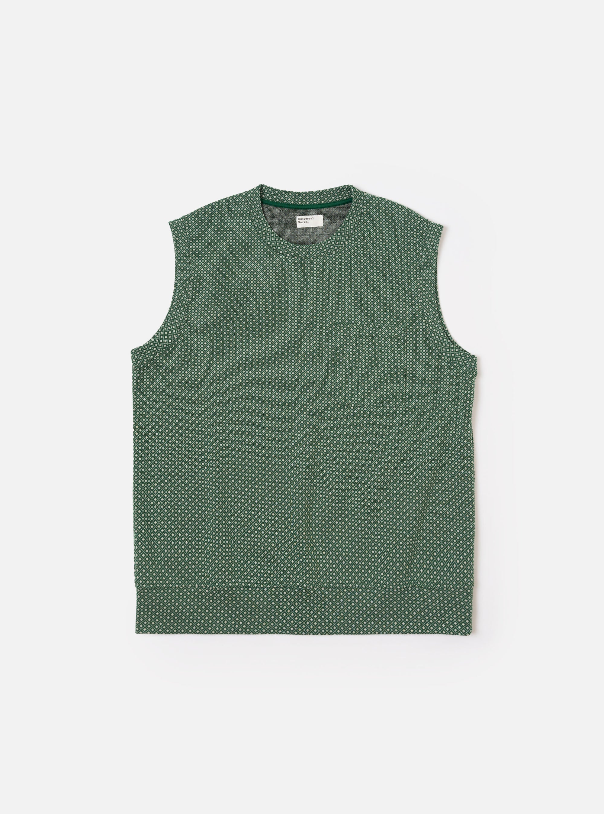 The Green Argyll Jersey Sleeveless Crew is shown as a flat lay against a white background. The garment features a classic crew neck and a prominent argyle pattern in shades of green and navy blue. The sleeveless design and ribbed hem are clearly visible.