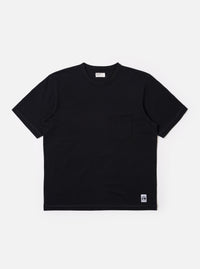 The Black Recycled/Bio Jersey Core Pocket Tee is shown as a flat lay against a white background. The t-shirt features a classic crew neck, short sleeves, and a single patch pocket on the left chest. The black jersey fabric has a smooth, matte finish.