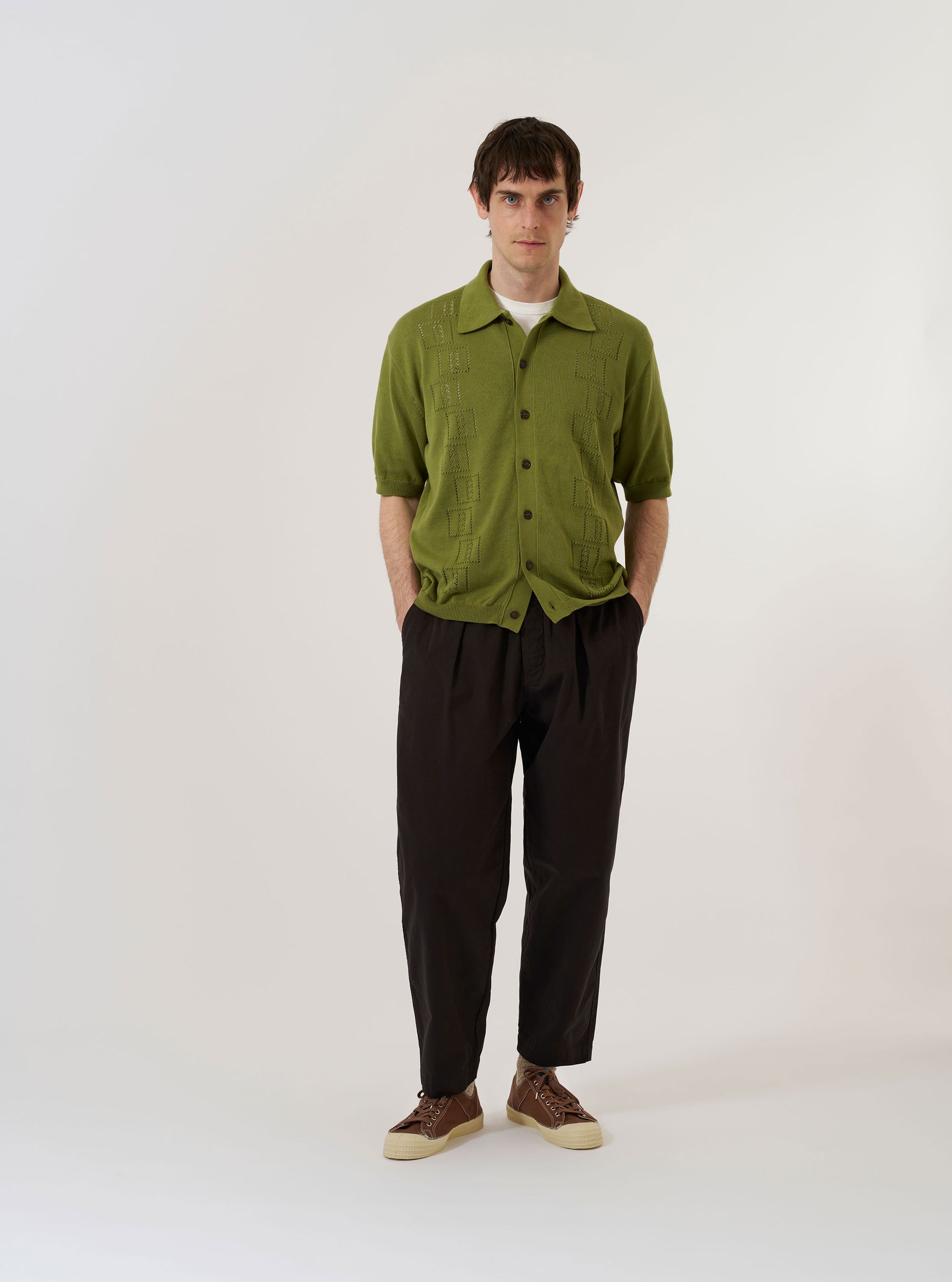 The Olive Cotton Lace Knit Jonny Knit Shirt is displayed as a flat lay against a plain white background. The shirt features an open Jonny collar and a textured, perforated lace knit construction in a solid olive green color.