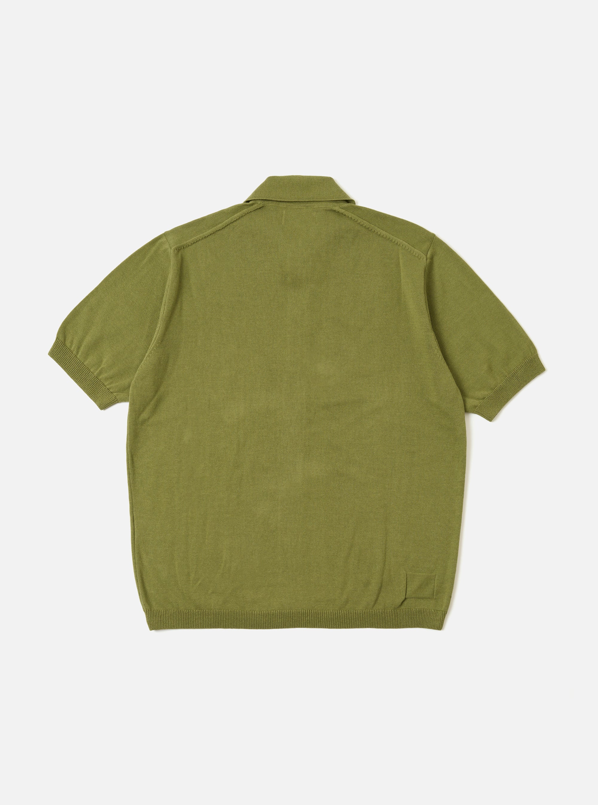 The Olive Cotton Lace Knit Jonny Knit Shirt is shown from the back as a flat lay against a plain white background. The shirt features a pointed collar, a straight hem, and a distinct open-mesh lace knit pattern throughout the olive green fabric.