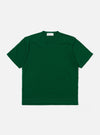 The Green Merino Fine Knit Knit Tee is shown as a flat lay against a white background. The short-sleeved t-shirt features a fine-gauge knit texture with a high crew neck and ribbed detailing at the neckline, cuffs, and hem.