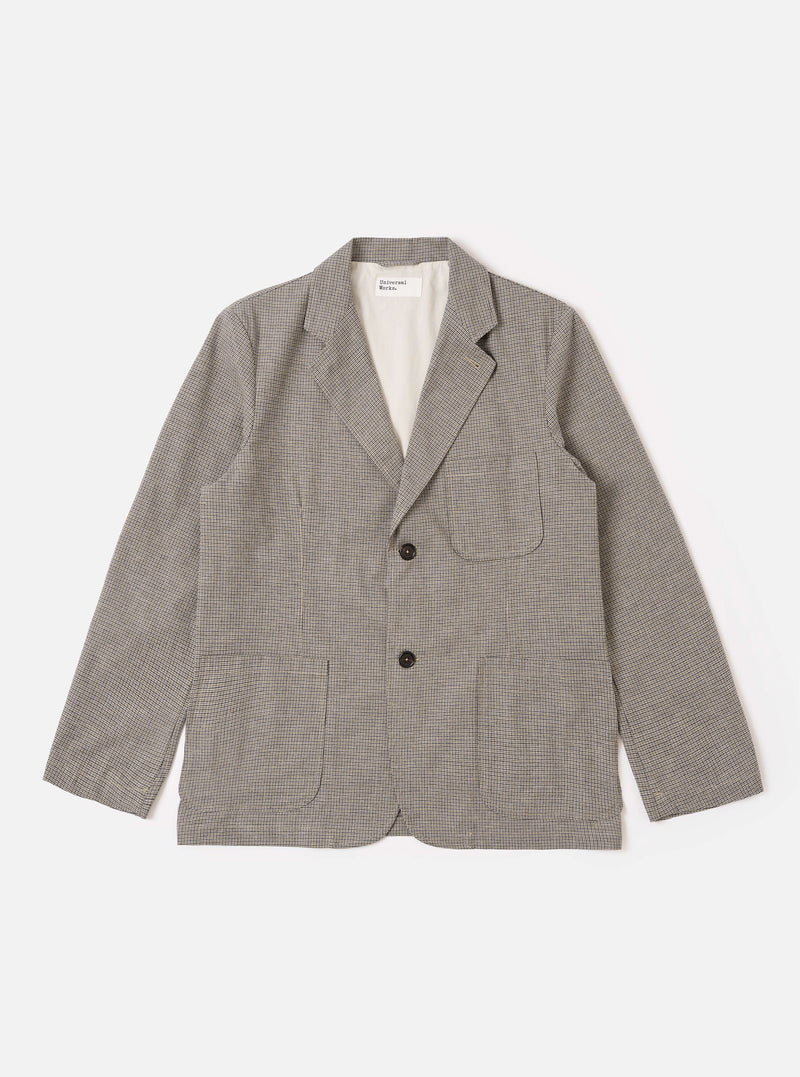 The Multi Lucas Cotton Mix Two Button Jacket is shown as a flat lay against a white background. The jacket features a two-button front closure, a wide lapel, and three front patch pockets, including one at the chest and two at the waist. The fabric has a multi-colored check pattern with visible cotton and linen textures.
