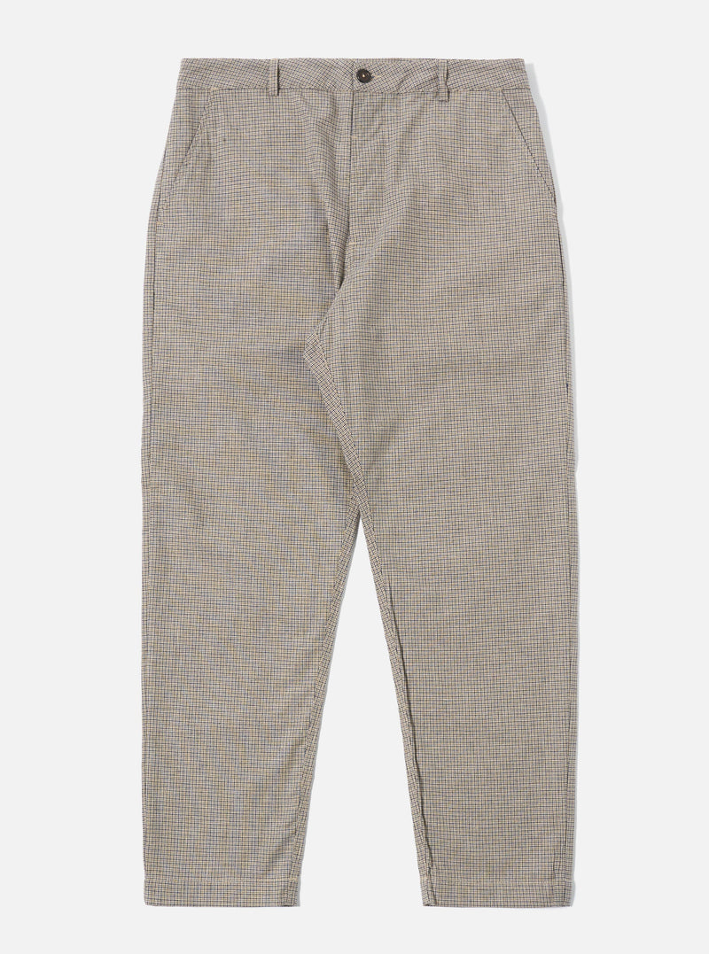 The Multi Lucas Cotton Mix Military Chino is presented as a flat lay against a plain white background. The trousers feature a multicolored check pattern in earthy tones, a mid-rise waist with belt loops, a button fly, and two slanted side pockets. The straight-leg silhouette and the textured cotton mix fabric are clearly visible.