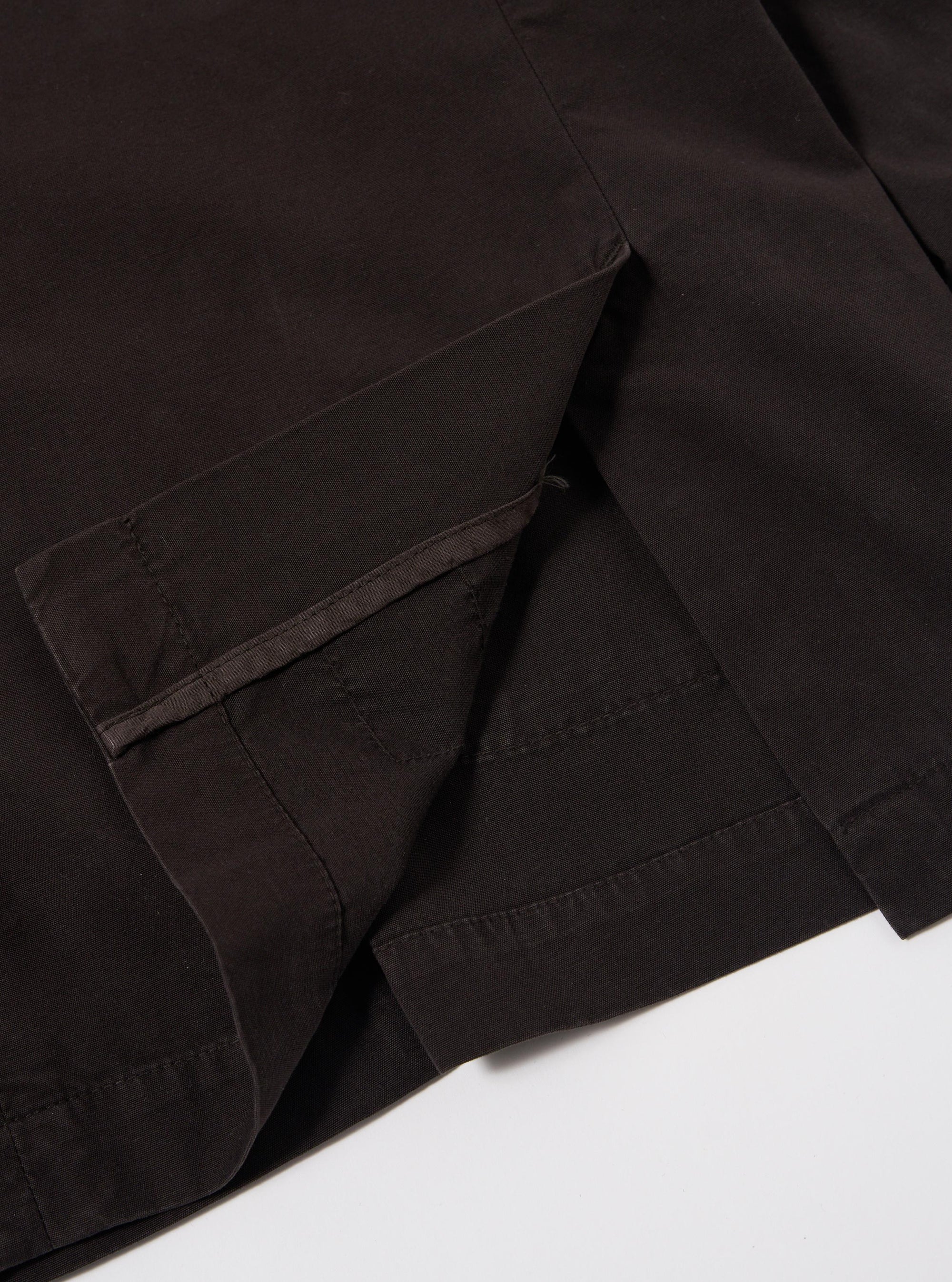 The Licorice Summer Canvas Manor Jacket is shown as a flat lay against a white background. The jacket is a double-breasted blazer with six buttons, two lower patch pockets, and a welt chest pocket. The canvas material has a suede-like texture in a dark brown licorice color.