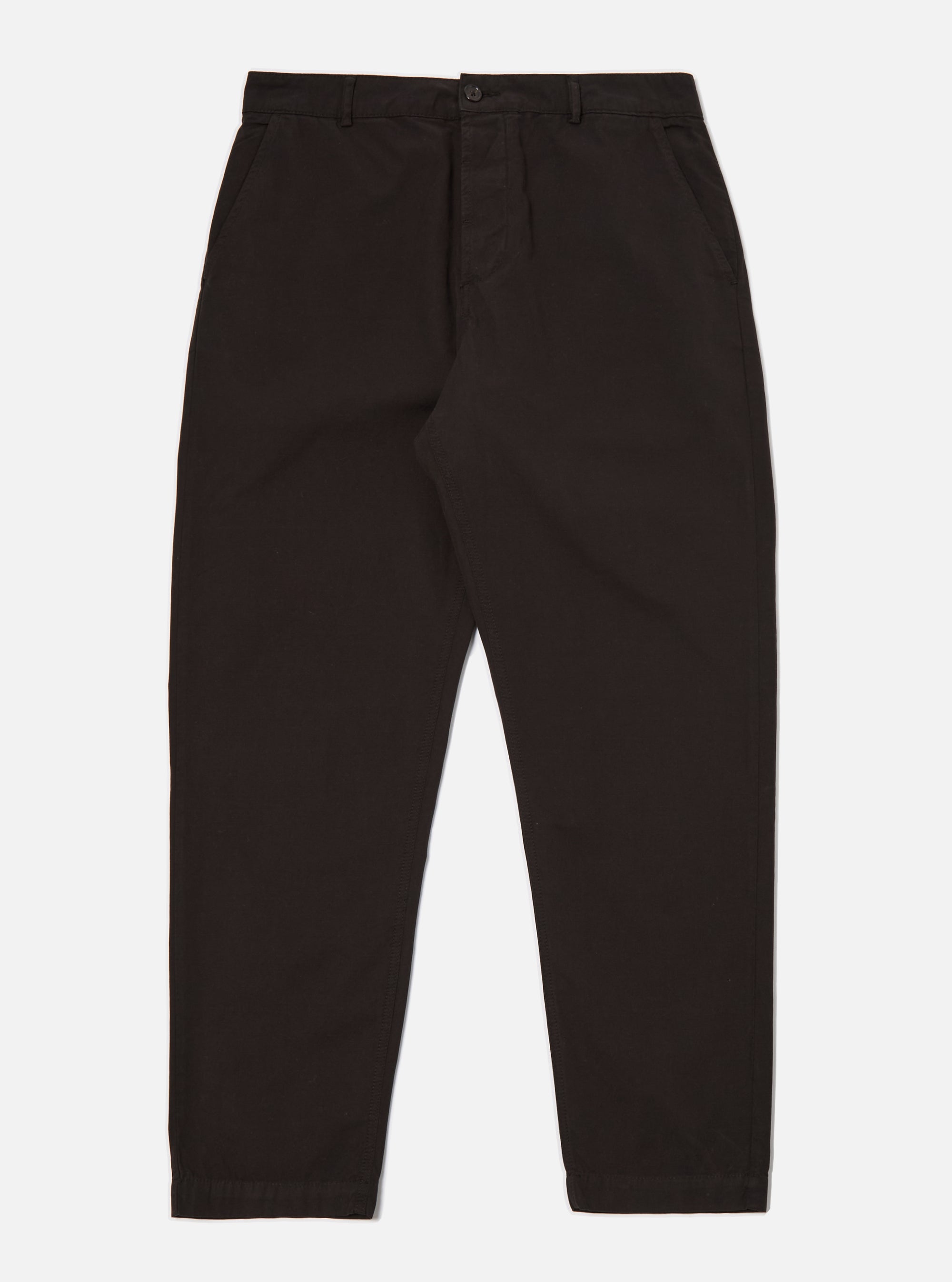 The Licorice Summer Canvas Military Chino is displayed as a flat lay against a plain white background. The trousers are a dark licorice brown and feature a waistband with belt loops, a button and zip-fly closure, and two front slanted pockets. The cotton canvas material shows a clean, structured finish.