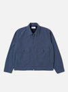 The Blue Sintra Recycled Cotton E130 Jacket is shown as a flat lay against a white background. The jacket features a two-way zip front, two front button flap pockets, and two additional handwarmer pockets. The design includes a structured collar and adjustable button cuffs. The blue recycled cotton fabric has a clean, solid appearance.