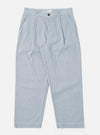 The Light Indigo Jean Cloth Reworked Duke Pant is shown as a flat lay against a plain white background. The trousers feature a wide-leg fit, a single pleat at the front, and a button-front closure with a fixed waistband. The light indigo organic cotton fabric has a textured appearance.