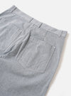 The Light Indigo Jean Cloth Reworked Duke Pant is shown from the back as a flat lay against a plain white background. The image highlights the two rear patch pockets and the wide-leg silhouette of the trousers. The light indigo organic cotton fabric features a textured, multi-tonal appearance.