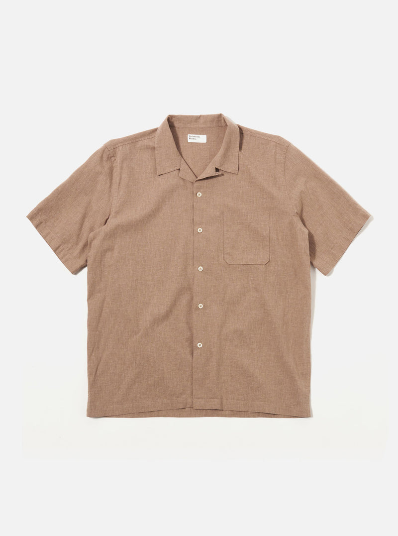 The Brown Sido Linen Mix Road Shirt is shown as a flat lay against a white background. The shirt features a one-piece loop-close collar, a full-length button-down front, and a single patch pocket on the left chest. The short-sleeved garment is made from a textured brown cotton-linen blend fabric and has a straight hem.