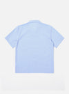 The Sky Blue Sido Linen Mix Road Shirt is shown from the back as a flat lay against a plain white background. The image highlights the clean construction of the garment's rear panel, featuring a straight hem and a simple back yoke. The light sky blue fabric has a visible linen-mix texture.