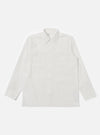 The Ecru Organic Fine Poplin CPO Shirt is shown as a flat lay against a plain white background. The shirt features a relaxed fit, a two-piece collar, a straight hem, and two large buttoned patch pockets on the chest. The organic cotton fabric is a solid ecru color with a smooth poplin weave.