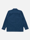 The Navy Organic Fine Poplin CPO Shirt is shown from the back as a flat lay against a plain white background. The image highlights the shirt's straight hem, functional buttoned cuffs, and a simple back yoke with a central box pleat. The navy blue organic cotton fabric appears smooth and crisp.