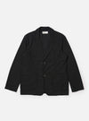 The Black Valencia Cotton Two Button Jacket is shown as a flat lay against a white background. The jacket features a classic notched lapel, a two-button front closure, and three patch pockets, including one at the chest and two larger pockets at the waist. The black cotton-blend fabric has a smooth, clean finish.
