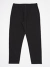 The Black Merida Seersucker Military Chino is shown as a flat lay against a white background. The trousers feature a high rise with a one-piece Hollywood waistband, slash front pockets, and a buttoned fly. The fabric has a distinct black puckered seersucker texture.