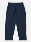The Navy Derby Stripe Duke Pant is shown from the back as a flat lay against a plain white background. The trousers feature a loose, wide-leg fit and are made from a navy blue cotton fabric with thin, vertical white stripes. Visible details include a single rear patch pocket on the right side and a clean, straight hem.