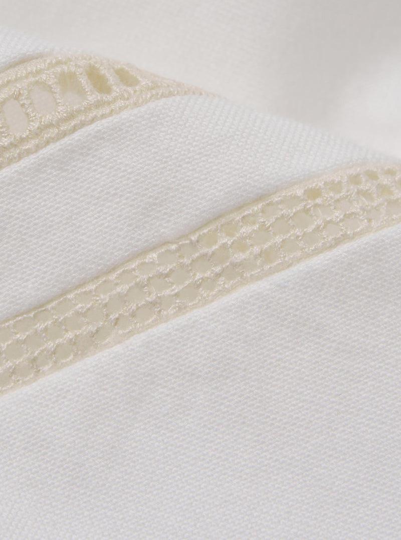 A close-up swatch image of the White Classic Oxford Tropicana Shirt highlights the texture of the white cotton fabric. The weave of the Oxford cloth is clearly visible.