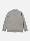The Grey Marl Recycled Cotton Blend Jersey Tyler Jacket is shown from the back as a flat lay against a plain white background. The image highlights the jacket's simple construction, featuring a straight back panel, a structured collar, and ribbed detailing at the cuffs and hem. The grey marl fabric has a soft, heathered appearance.