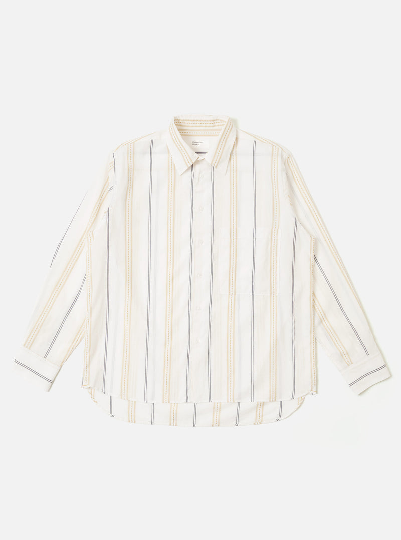 The Ecru/Navy/Sand Hendrix Stripe Square Pocket Shirt is shown as a flat lay against a white background. The shirt features a vertical stripe pattern in ecru, navy, and sand, a classic button-down front, and a large square patch pocket on the left chest. It has a pointed collar and adjustable button cuffs.