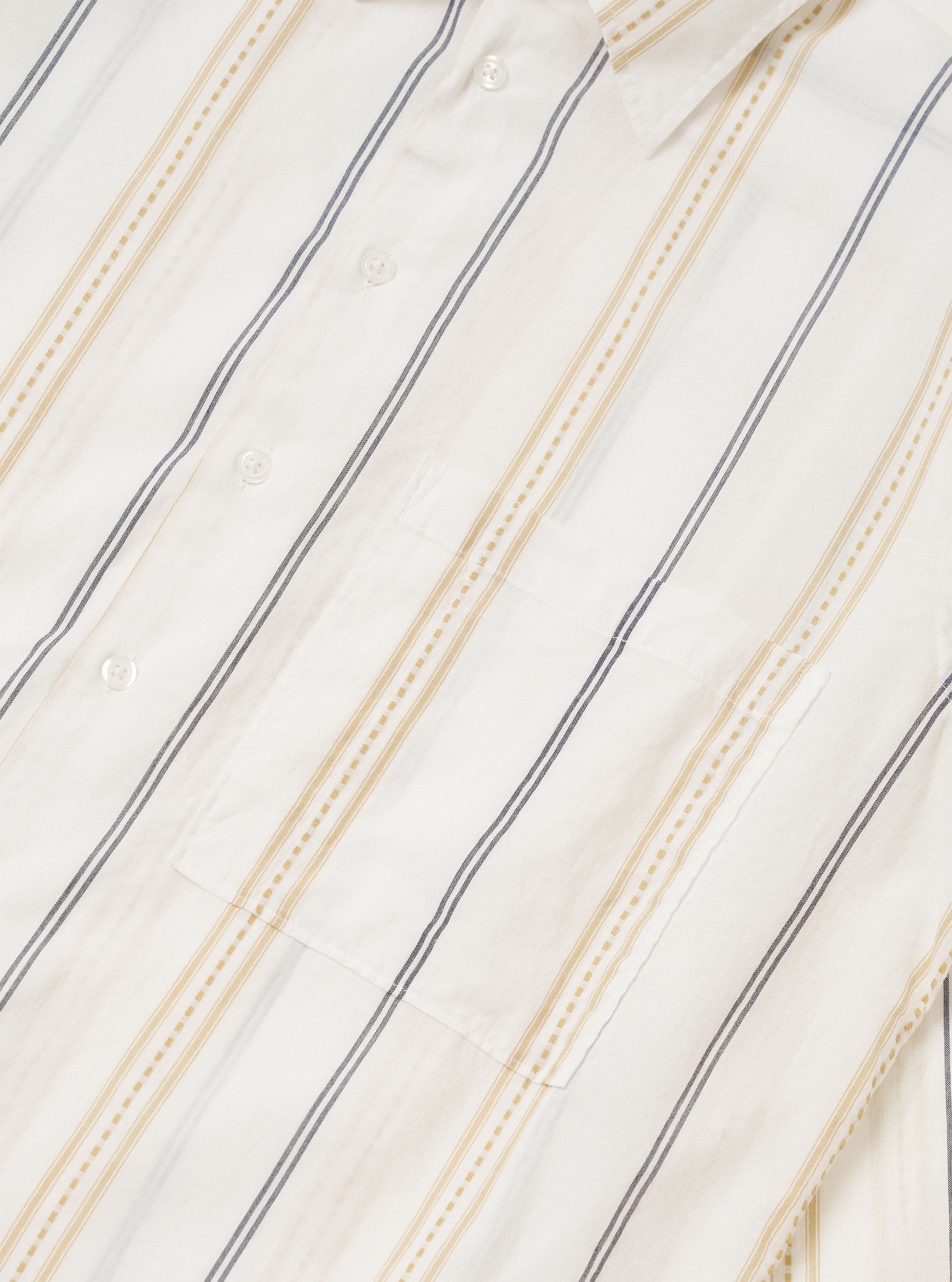 The Ecru/Navy/Sand Hendrix Stripe Square Pocket Shirt is shown from the back as a flat lay against a plain white background. The image highlights the vertical stripe pattern in shades of ecru, navy, and sand, as well as the shirt's straight hem and simple back yoke construction.