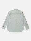 The Green Seersucker Square Pocket Shirt is shown from the back as a flat lay against a plain white background. The image highlights the shirt's textured green seersucker fabric, a straight hem, and a simple one-piece back panel with a central box pleat.