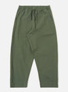 The Olive Kelly Cotton Judo Pant is shown as a flat lay against a plain white background. The trousers feature a wide, straight-leg silhouette, an elasticated waistband with an external drawstring, and two large patch pockets on the front. The fabric is a solid olive green cotton with a visible textured weave.