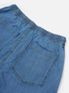 The Washed Indigo 8oz Slub Denim Hi Water Trouser is displayed from the back as a flat lay against a plain white background. The image highlights the two rear patch pockets and the elasticated waistband with a visible drawstring. The washed indigo denim fabric features a subtle slub texture and a vintage appearance.