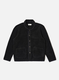 The Black Alvar Fleece Lancaster Jacket is shown as a flat lay against a plain white background. The jacket features a textured black fleece fabric, a rounded shawl-style collar, and a five-button front closure. It includes two large patch pockets at the waist and a single patch pocket on the left chest.