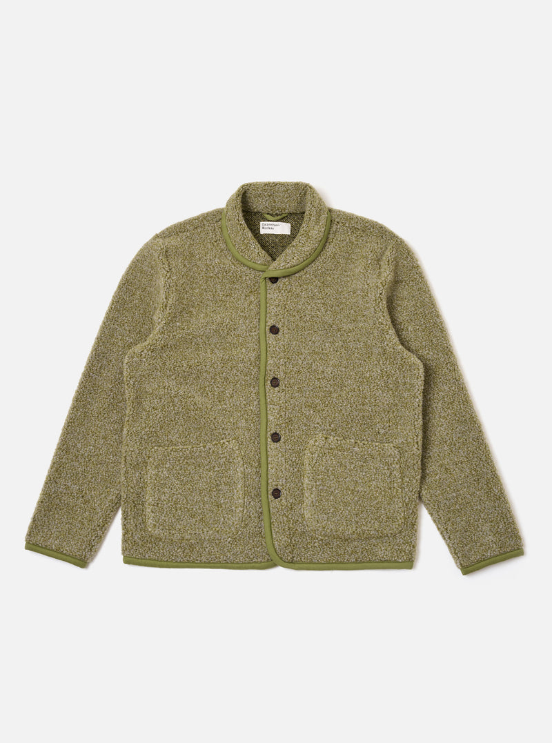 The Light Olive Alvar Fleece Lancaster Jacket is presented as a flat lay against a plain white background. The jacket features a fuzzy fleece texture in a light olive green hue, a five-button front closure, and a rounded shawl-style collar. It includes two large patch pockets at the waist and a single patch pocket on the left chest.