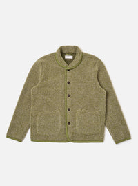 The Light Olive Alvar Fleece Lancaster Jacket is presented as a flat lay against a plain white background. The jacket features a fuzzy fleece texture in a light olive green hue, a five-button front closure, and a rounded shawl-style collar. It includes two large patch pockets at the waist and a single patch pocket on the left chest.