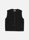The Black Alvar Fleece Lancaster Gilet is shown as a flat lay against a plain white background. The gilet features a textured, fuzzy black fleece fabric, a five-button front closure, and a rounded shawl-style collar. It includes two large patch pockets at the waist and a single patch pocket on the left chest.
