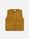 The Yellow Alvar Fleece Lancaster Gilet is presented as a flat lay against a plain white background. The gilet features a deep V-neckline, a five-button front closure, and two large patch pockets at the waist. The fabric has a distinct, richly textured looped weave in a vibrant yellow-ochre shade with simple tonal binding along the edges.
