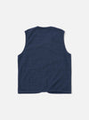The Navy Maiorca Jersey Zip Gilet is shown from the back as a flat lay against a plain white background. The image highlights the clean, simple construction of the garment's rear panel and the soft, textured appearance of the navy blue jersey fabric.