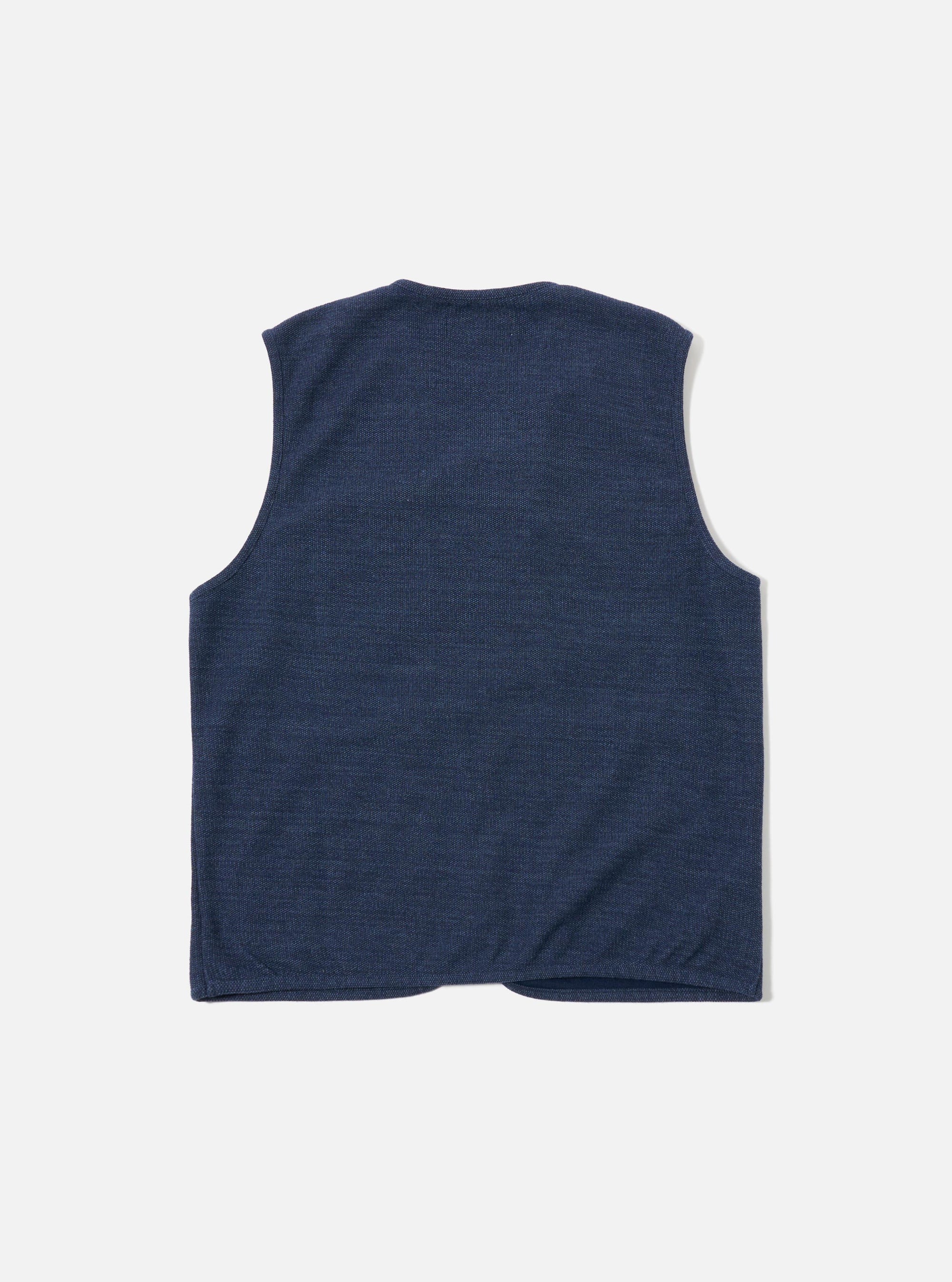 The Navy Maiorca Jersey Zip Gilet is shown from the back as a flat lay against a plain white background. The image highlights the clean, simple construction of the garment's rear panel and the soft, textured appearance of the navy blue jersey fabric.