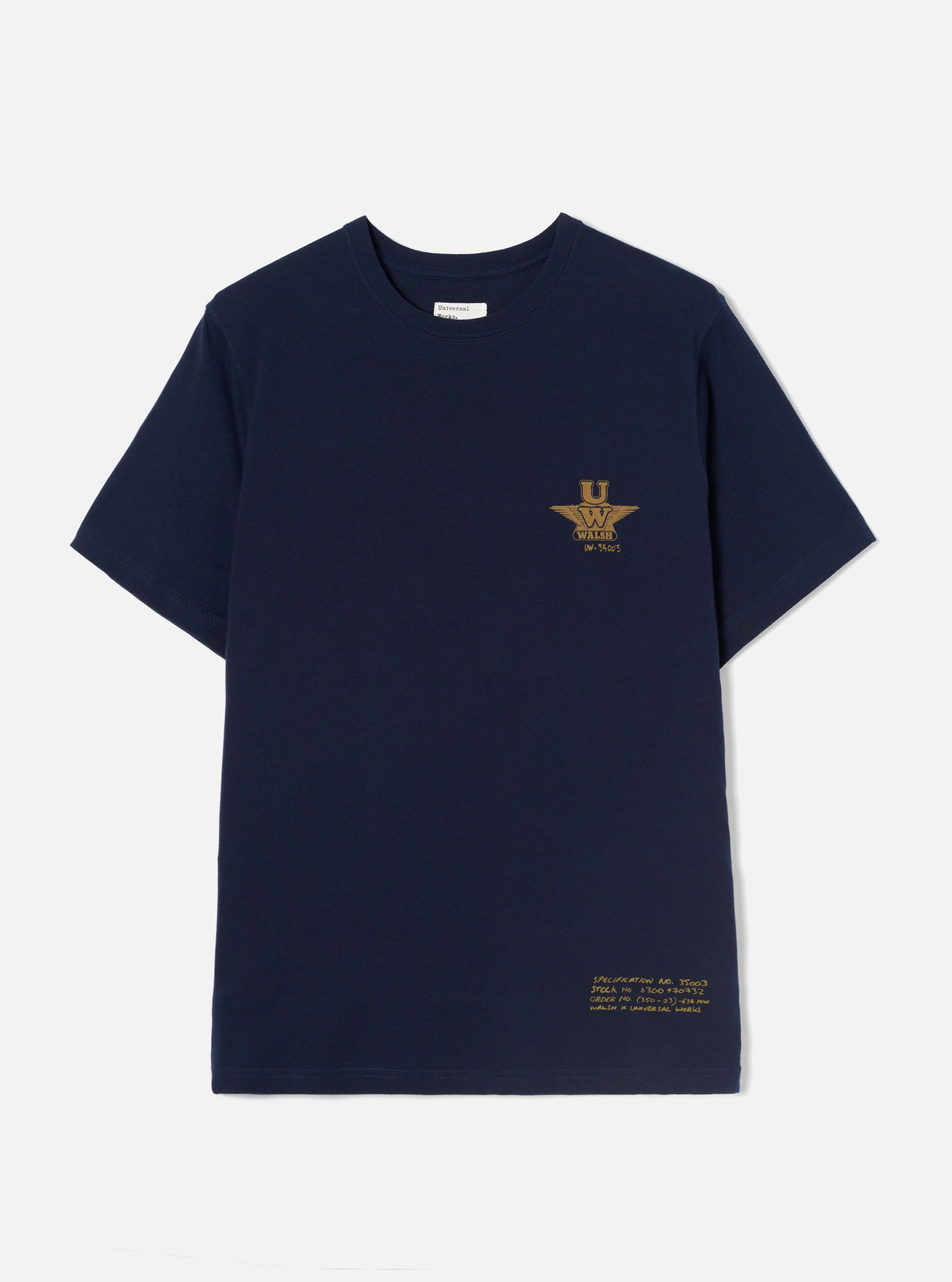 Front view of the Walsh x Universal Works Navy Single Jersey T Shirt laid out flat against a plain light background. Prominent features include the classic crew neck, chest print detailing, short sleeves, and rich navy jersey fabric.