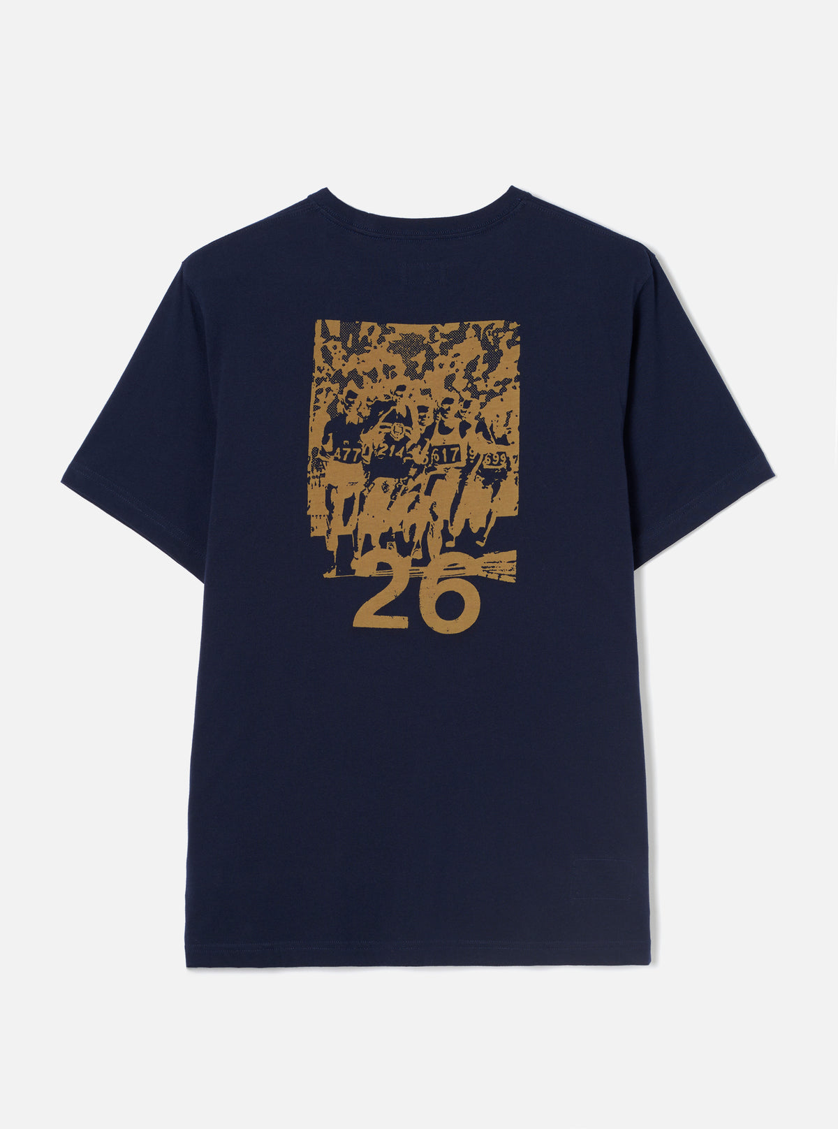 Back view of the Walsh x Universal Works Navy Single Jersey T Shirt on a plain white studio background. The image showcases the clean finish, straight hemline, neat shoulder seams, and dark navy cotton jersey material.