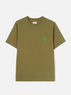 Front view of the Walsh x Universal Works Olive Single Jersey T Shirt against a plain neutral background. The shot highlights the classic crew neck design, chest graphic print, short sleeves, and rich olive green cotton fabric.