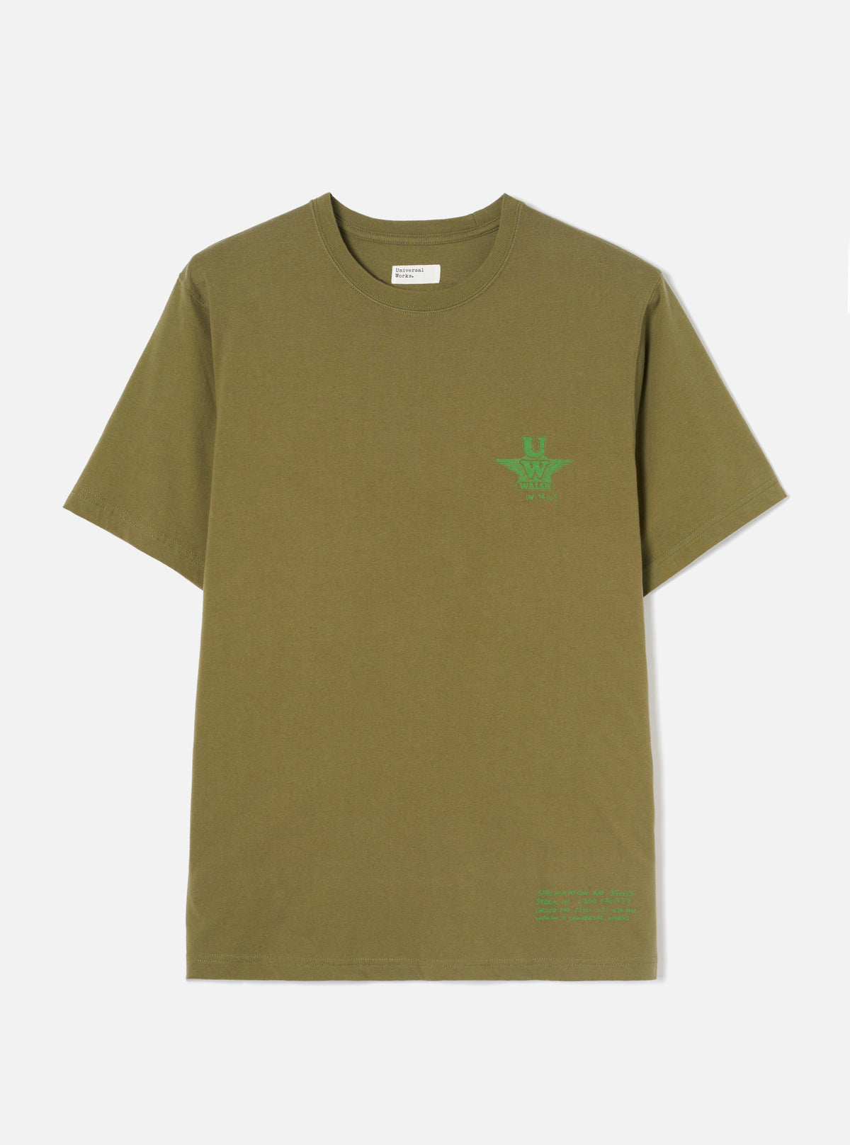 Front view of the Walsh x Universal Works Olive Single Jersey T Shirt against a plain neutral background. The shot highlights the classic crew neck design, chest graphic print, short sleeves, and rich olive green cotton fabric.